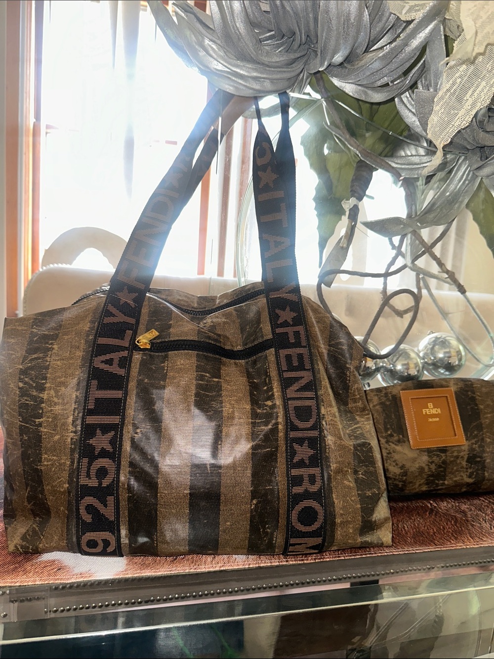 Fendi Distressed Brown and Black Striped Duffel Bag with Pouch